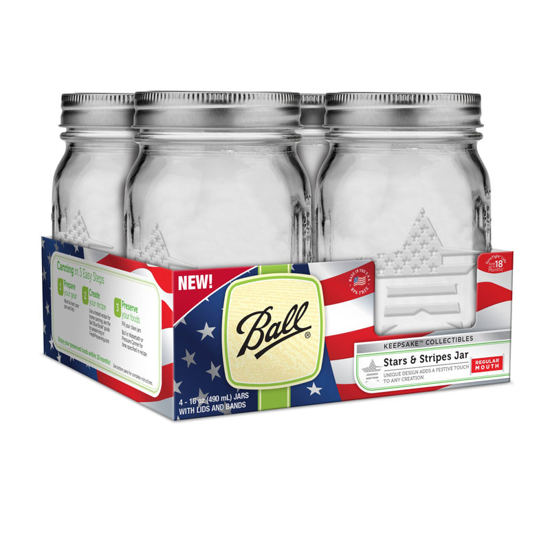 NEWELL BRANDS DISTRIBUTION LLC, Ball Keepsake USA Stars and Stripes Bocaux à ouverture régulière 1 pt (Pack de 4)