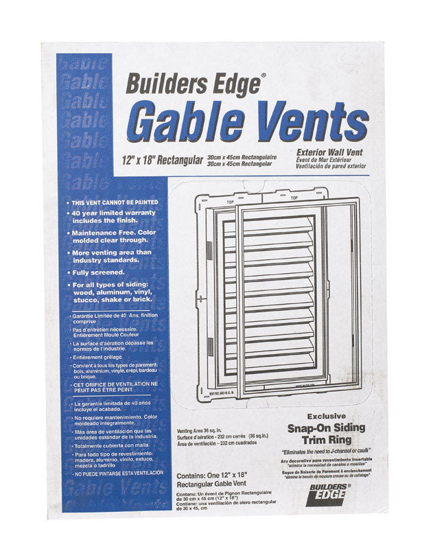 BORAL BUILDING PRODUCTS INC, Builders Edge Évent de pignon en plastique blanc 18 L x 12 W in.