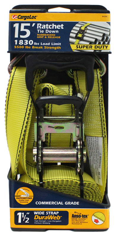 ALLIED INTERNATIONAL, CargoLoc 1-1/2 in. W X 15 ft. L Yellow Tie Down w/Ratchet 1830 lb 1 pk