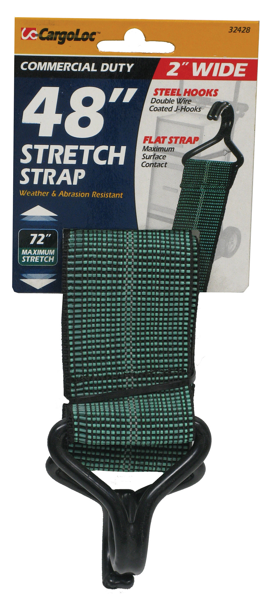 ALLIED INTERNATIONAL, Cargoloc 32428 2" X 48" Green & Black Flat Stretch Strap With J Hooks