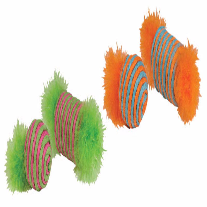 BOSS PET PRODUCTS INC, Chomper Kylies Brights Assorted Raffia Raffia Spool and Ball with Feather Cat Toy Large 2 pk