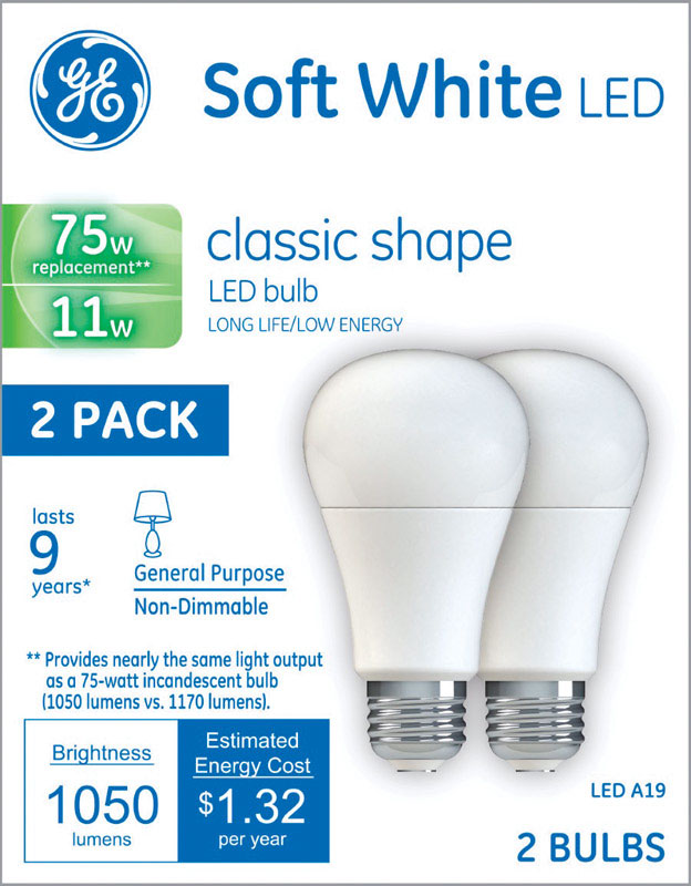 GE LIGHTING, GE A19 E26 (Medium) Ampoule LED Blanc Doux 75 W 2 pk