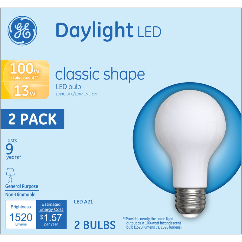 GE LIGHTING, GE A21 E26 (Medium) Ampoule LED Lumière du jour 100 Watt Equivalence 2 pk