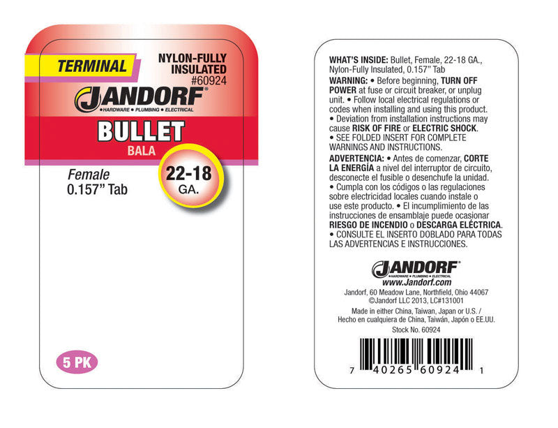 JANDORF SPECIALTY HARDWARE, Jandorf 22-18 Ga. Bullet femelle rouge 5 pk