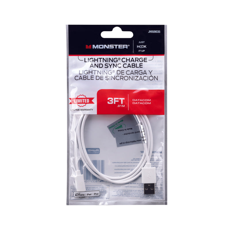 Câble Monster, Monster Just Hook It Up Lightning to USB Charge and Sync Cable 3 ft. White (câble de charge et de synchronisation Lightning vers USB)