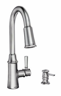 Moen Inc/Faucettes, Robinet de cuisine Caris High Arc, douchette extractible et distributeur de savon, poignée unique, acier inoxydable